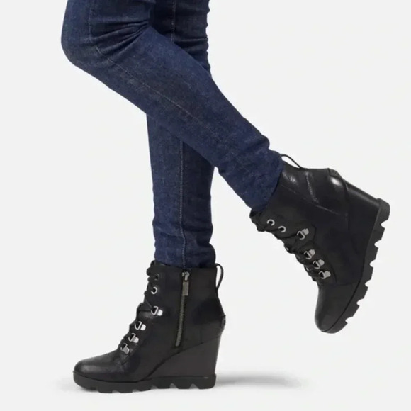 Sorel Joan Uptown Black Lace Wedge Bootie - Picture 1 of 9
